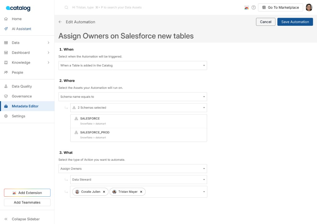 Metadata Editor Automations tab with WHEN trigger, optional WHERE filter, and WHAT action configuration