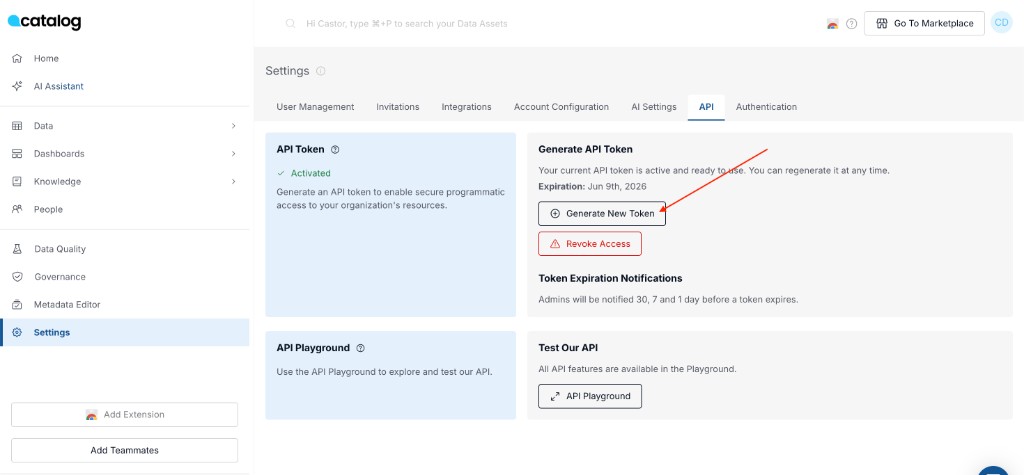 API Settings - Generate API token in Catalog