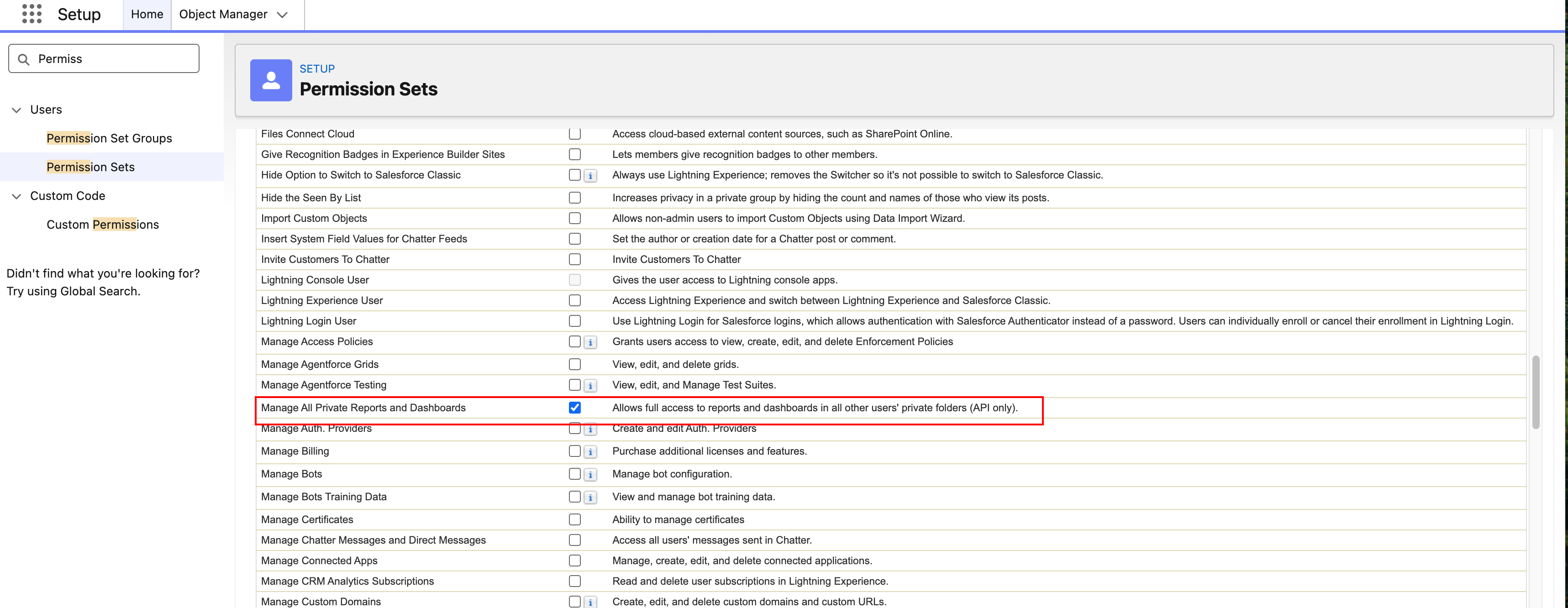 Salesforce Setup screen showing the Permission Sets page with a list of system permissions. The Manage All Private Reports and Dashboards permission is highlighted and selected. Permission Sets is selected in the left navigation.