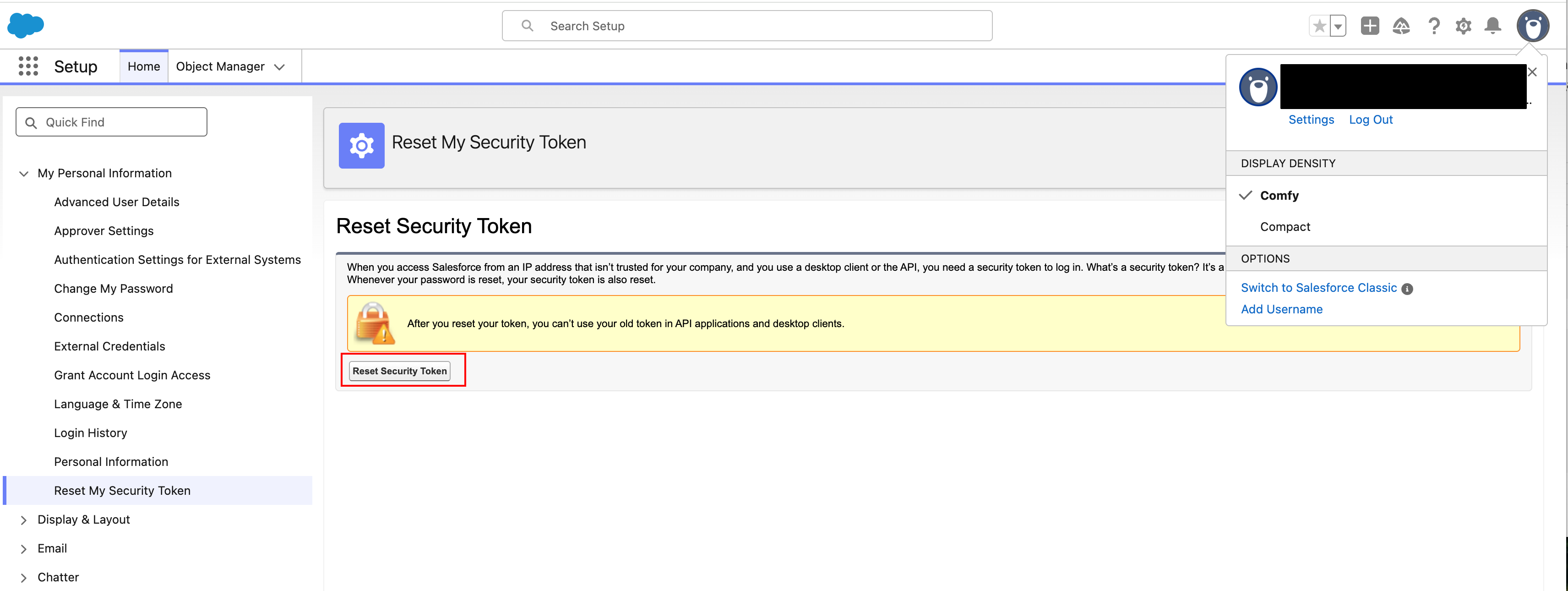 Salesforce Setup screen showing the Reset My Security Token page. The Reset Security Token button is highlighted, with Reset My Security Token selected in the left navigation under My Personal Information.
