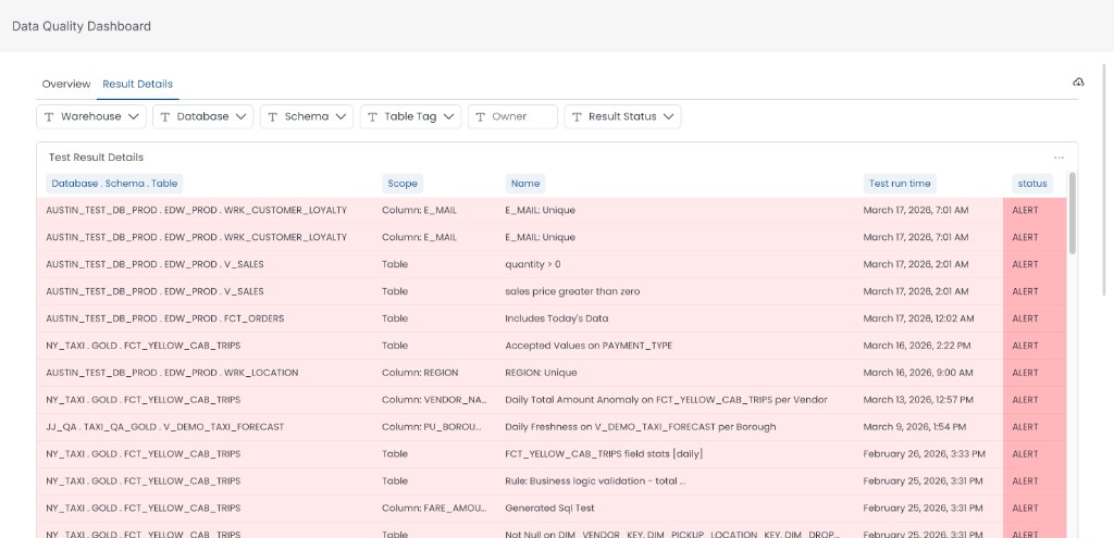 Data Quality Dashboard Result Details tab with Test Result Details table showing database, scope, test name, run time, and status.