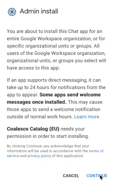 Admin install dialog explaining that the Chat app will be installed for the organization