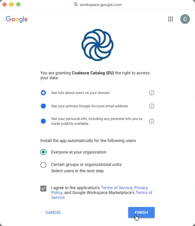 Google consent screen listing the requested permissions and the users to install the app for