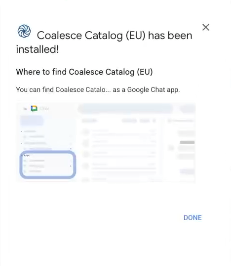 Confirmation dialog saying Coalesce Catalog (EU) has been installed