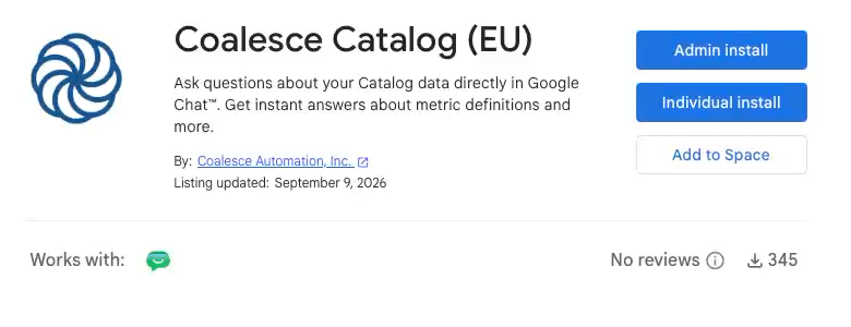 Coalesce Catalog (EU) listing in the Google Workspace Marketplace with the Admin install button