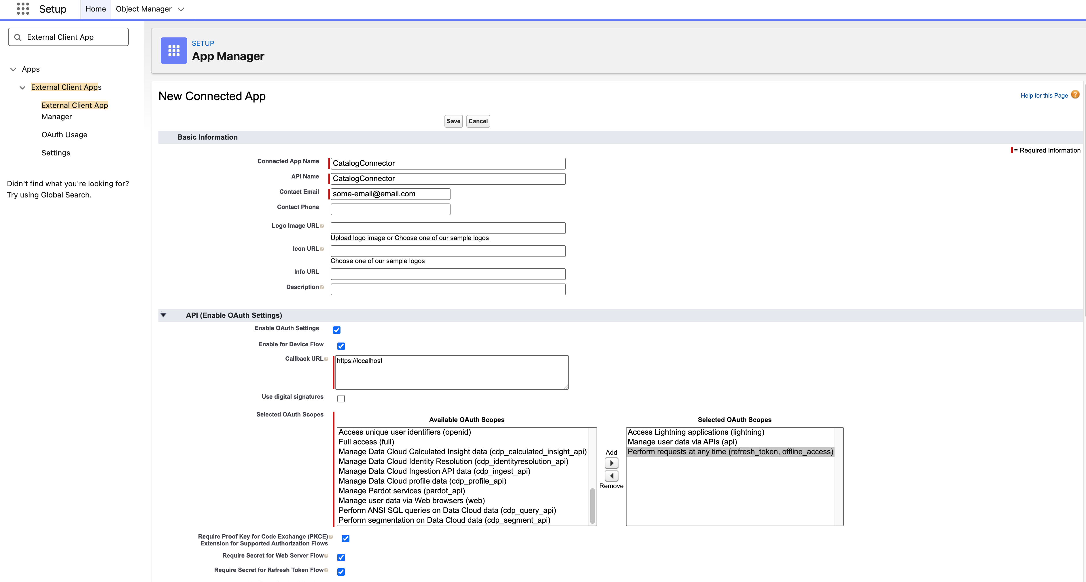 Salesforce Setup App Manager showing the New Connected App page, with Basic Information fields completed and OAuth settings enabled, including a callback URL and selected OAuth scopes.