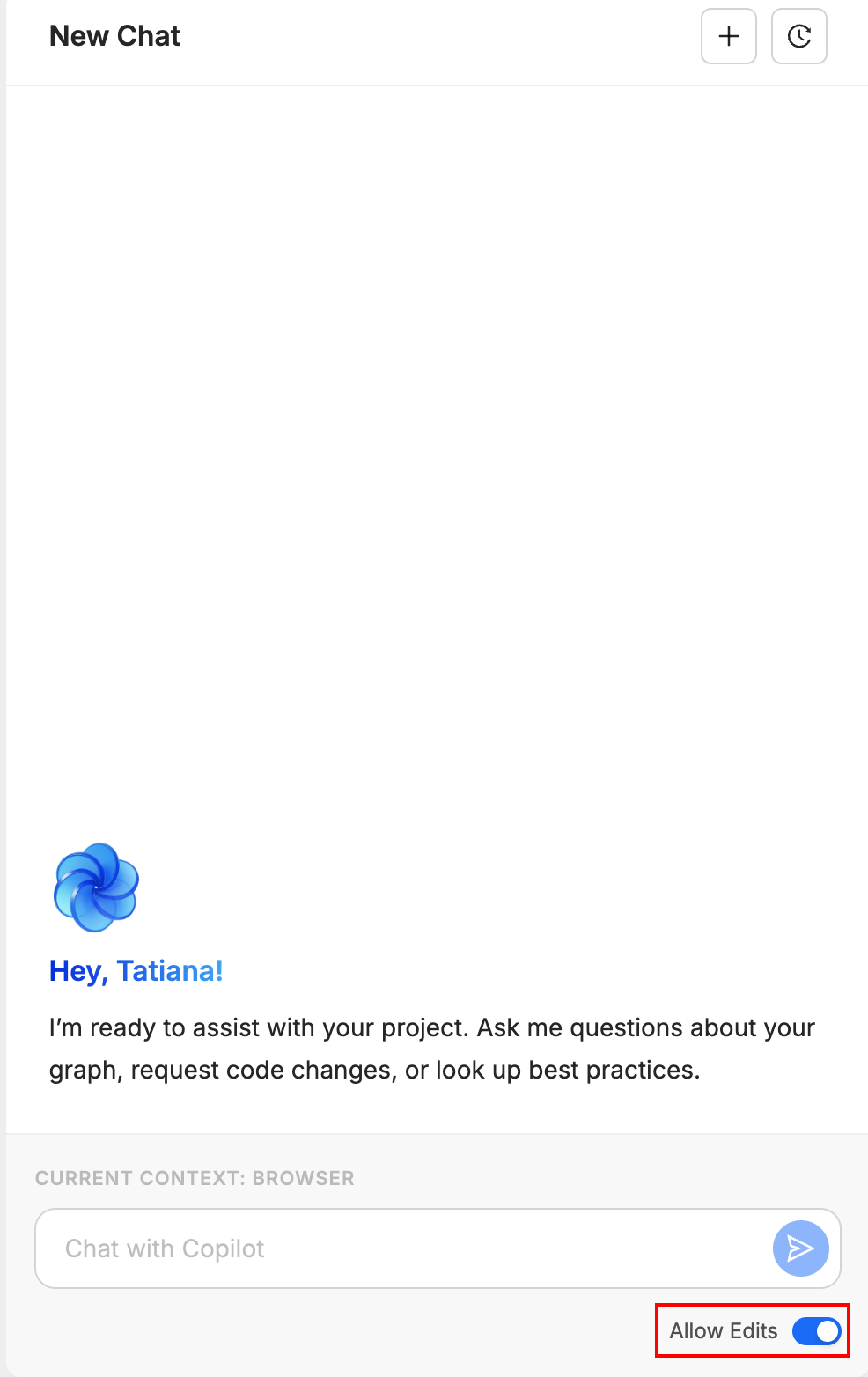 The Coalesce app showing a New Chat for Copilot. The main panel shows a Copilot welcome message offering help with a project, graph questions, code changes, and best practices. At the bottom, there is a chat input field labeled “Chat with Copilot” and a blue send button. In the lower right corner, an Allow Edits toggle switch is turned on and highlighted with a red rectangle.