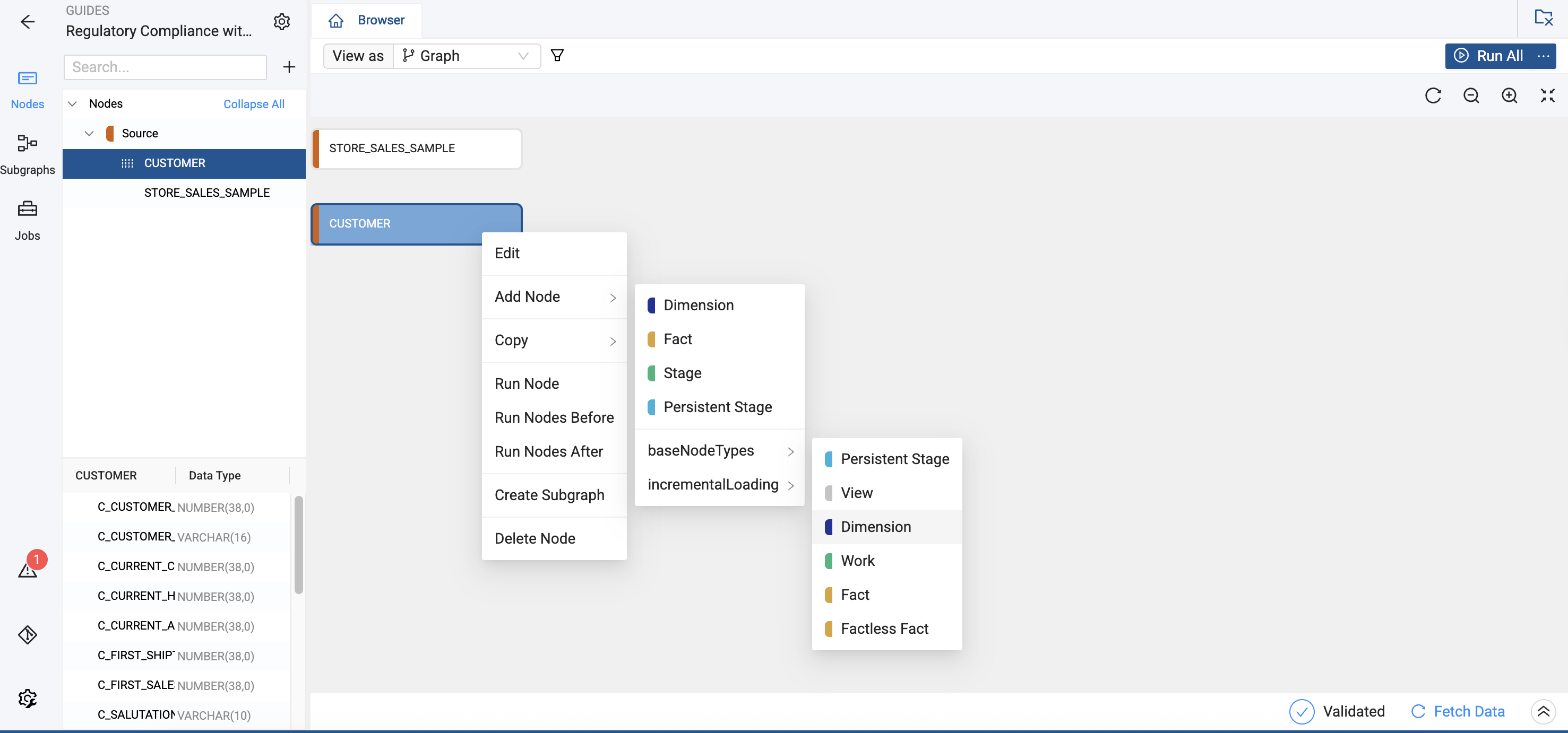 This displays a data pipeline graph view with CUSTOMER and STORE_SALES_SAMPLE Nodes. A context menu shows options like Edit, Add Node, Copy, and Run Node, with submenus revealing Node types including Dimension, Fact, Stage, and Persistent Stage. The bottom shows customer data columns.