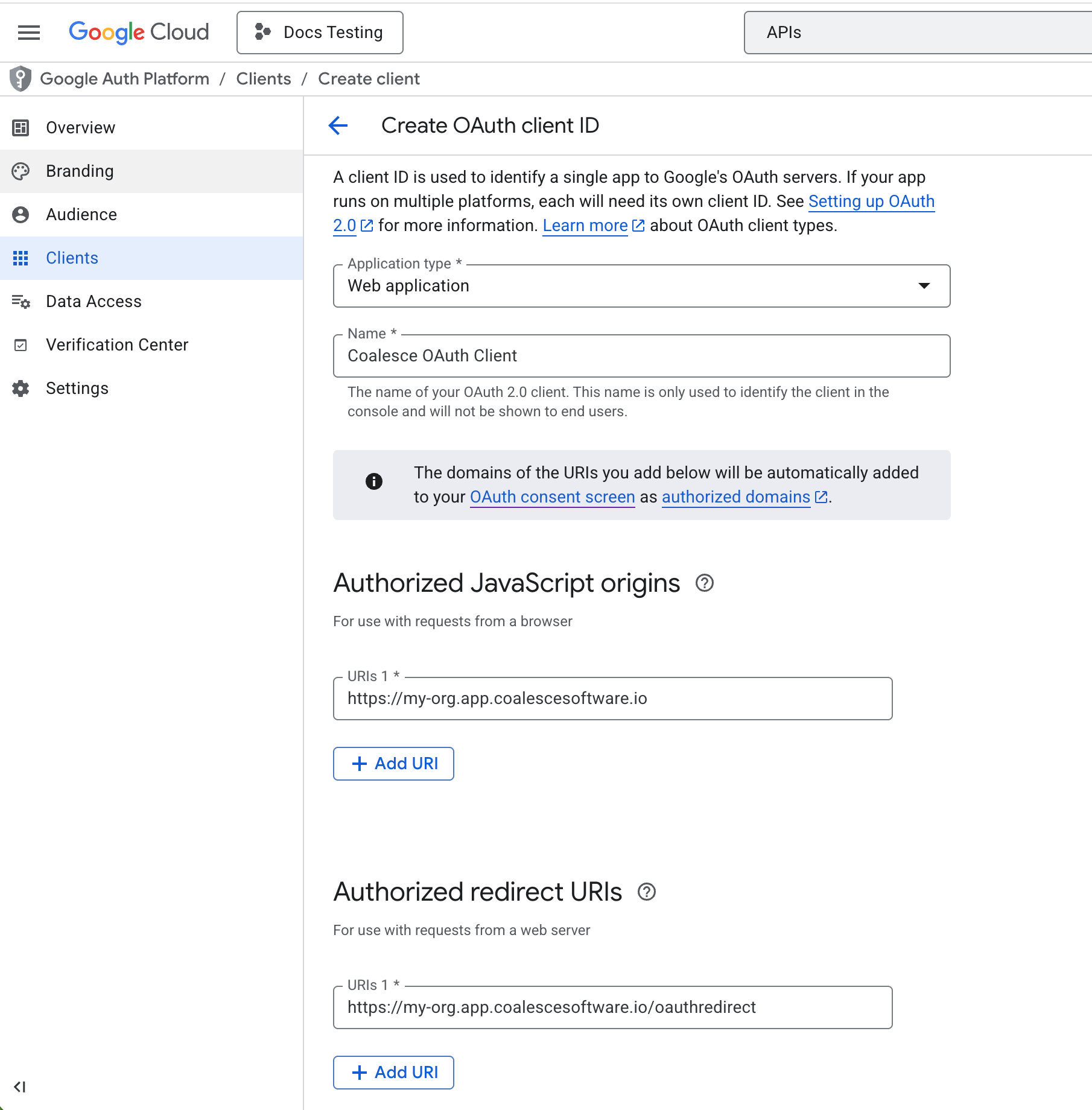 Create OAuth client ID form with Web application type, client name, authorized JavaScript origins, and authorized redirect URIs configured
