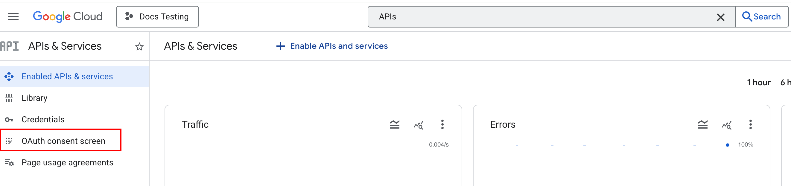 Google Cloud Console APIs & Services page with OAuth consent screen highlighted in the left navigation