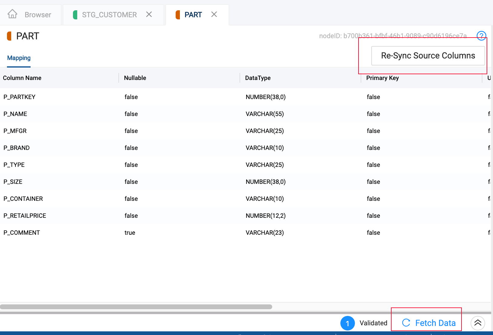 The image displays a table configuration interface for the PART table, showing columns with their names, nullability, data types, and primary key status. A Re-Sync Source Columns button is located on the upper right side. At the bottom, there are buttons for validation and fetching data.