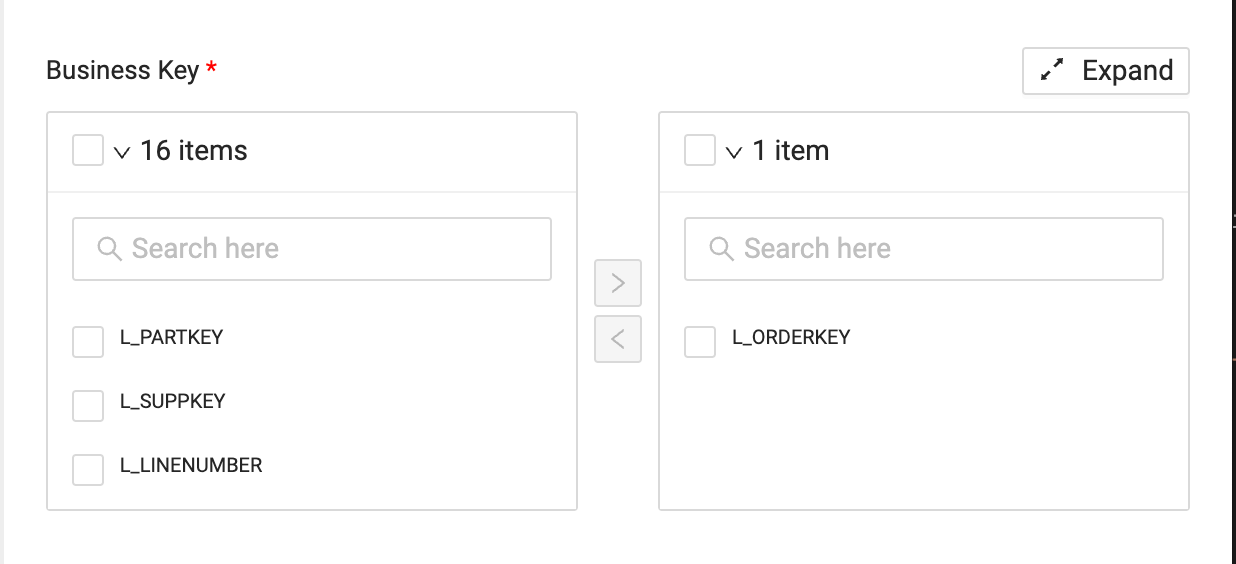 Coalesce Node Editor showing two columns for business keys. One with the list of rows and the other with the list of selected keys.