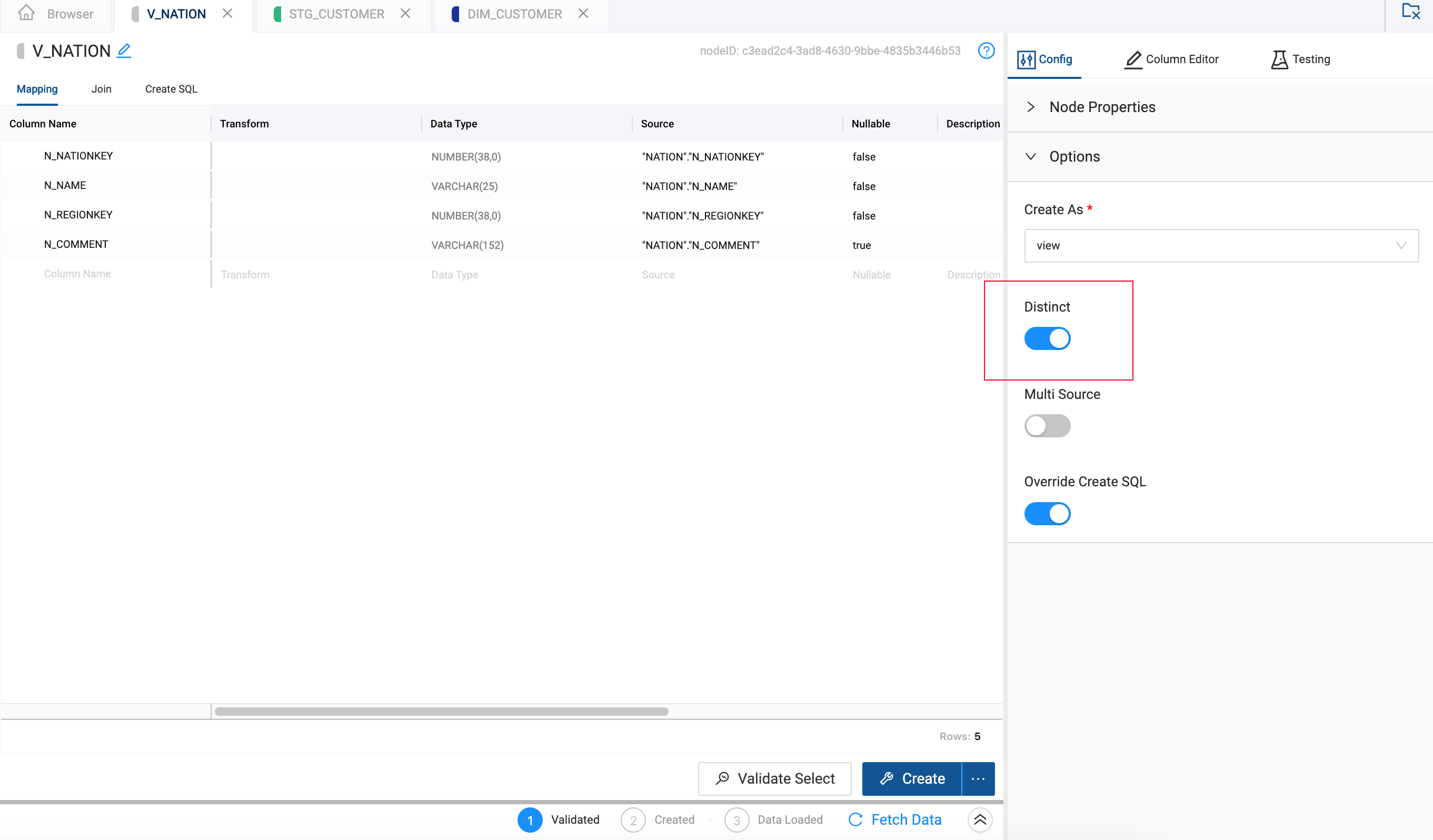 A screenshot of a data mapping configuration screen. The left-hand side of the screen shows a list of columns, their data types, and their sources. The right-hand side of the screen shows a form for configuring the properties of the selected column.