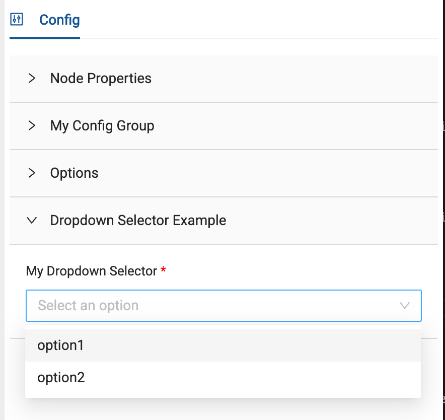 The Coalesce Node Type Editor showing a 'Config' header and icon at the top. The navigation menu shows four sections: 'Node Properties' (collapsed), 'My Config Group' (collapsed), 'Options' (collapsed), and 'Dropdown Selector Example' (expanded). Within the expanded section is a dropdown field labeled 'My Dropdown Selector' marked with a red asterisk (*). The dropdown menu is open showing two options: 'option1' and 'option2'