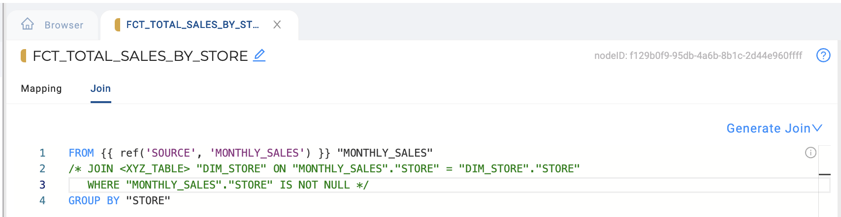 This image presents the join configuration for the same table, FCT_TOTAL_SALES_BY_STORE. The SQL snippet shows a query that selects data from the MONTHLY_SALES table, with a commented-out join to another table DIM_STORE. The query groups the results by the STORE column and filters out rows where the STORE value is null.