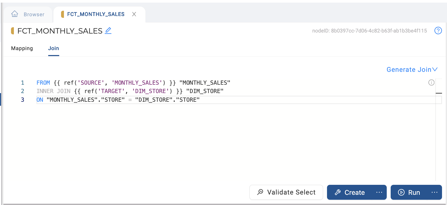 The image shows the join condition for the FCT_MONTHLY_SALES table in a data integration or ETL tool. The join is performed between the MONTHLY_SALES source table and the DIM_STORE target table. The join condition matches the STORE column from the MONTHLY_SALES table with the STORE column from the DIM_STORE table.