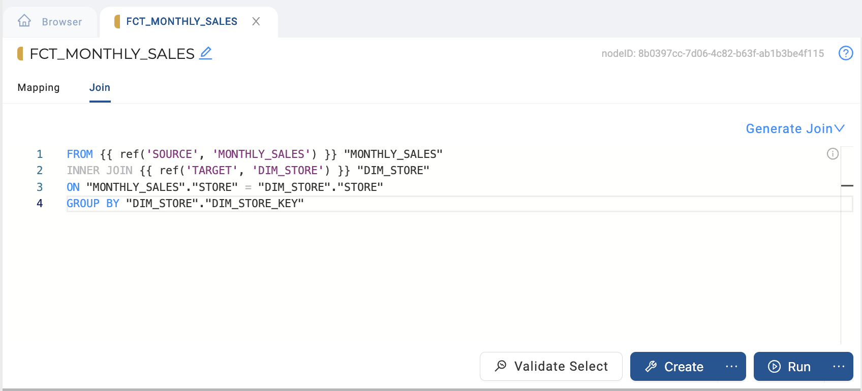 The image shows the SQL query for the FCT_MONTHLY_SALES table join and group by operations in a data integration or ETL tool. The query joins the MONTHLY_SALES source table with the DIM_STORE target table on the STORE column. It groups the results by the DIM_STORE_KEY column from the DIM_STORE table.