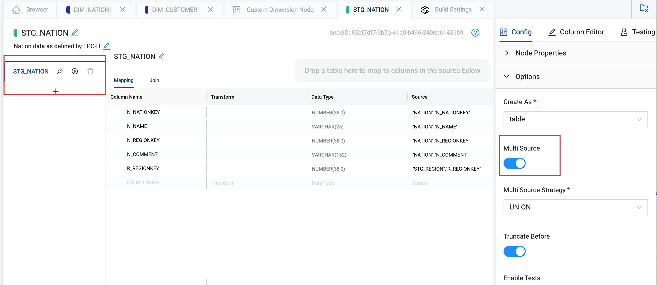 Coalesce Node Editor showing STG_NATION configuration with column definitions and a settings panel containing a Multi Source toggle