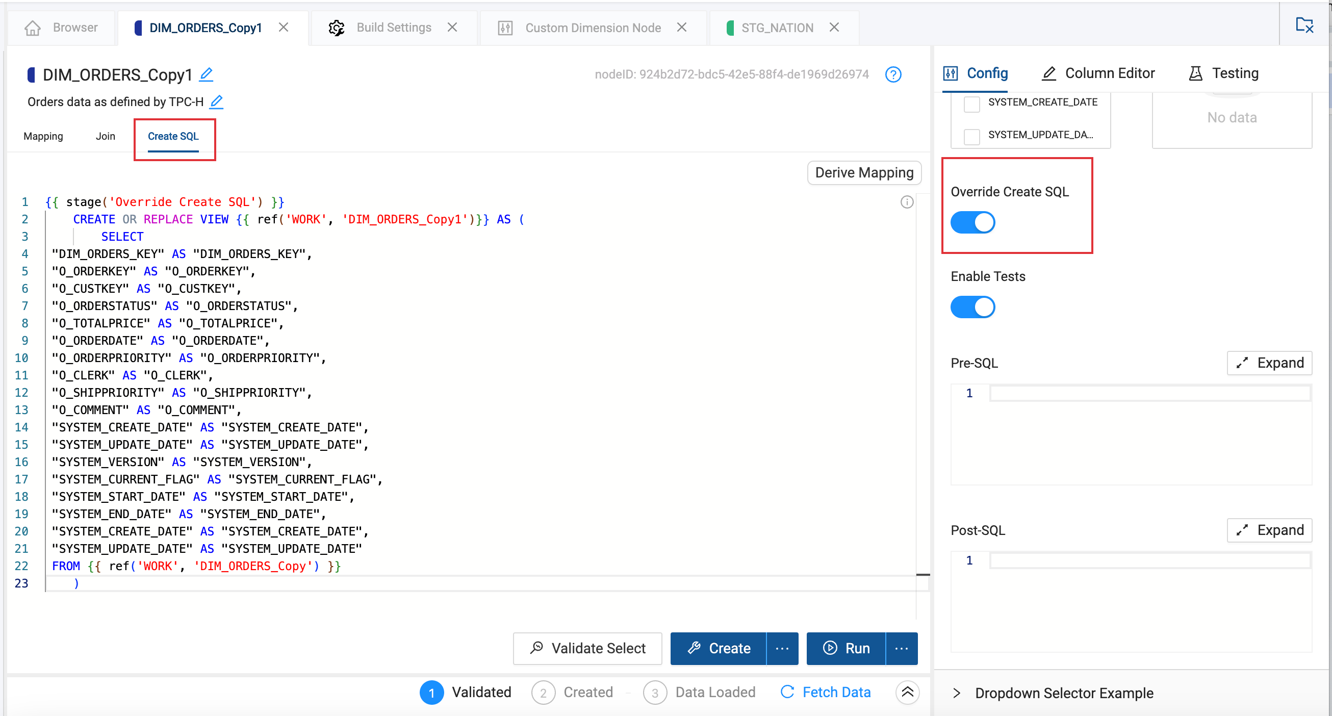 Coalesce Node Editor override create sql selected and new Create SQL tab created.