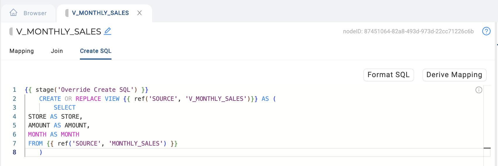 The image displays a SQL editor interface for creating a view named V_MONTHLY_SALES. The SQL code defines the view by selecting the STORE, AMOUNT, and MONTH columns from the MONTHLY_SALES source table.