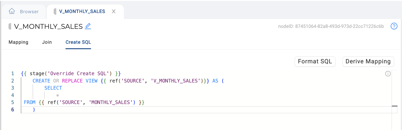 The image displays a SQL editor interface for creating or replacing a view named V_MONTHLY_SALES. The SQL code selects all columns from the source table MONTHLY_SALES and defines the view with a simple SELECT * statement.