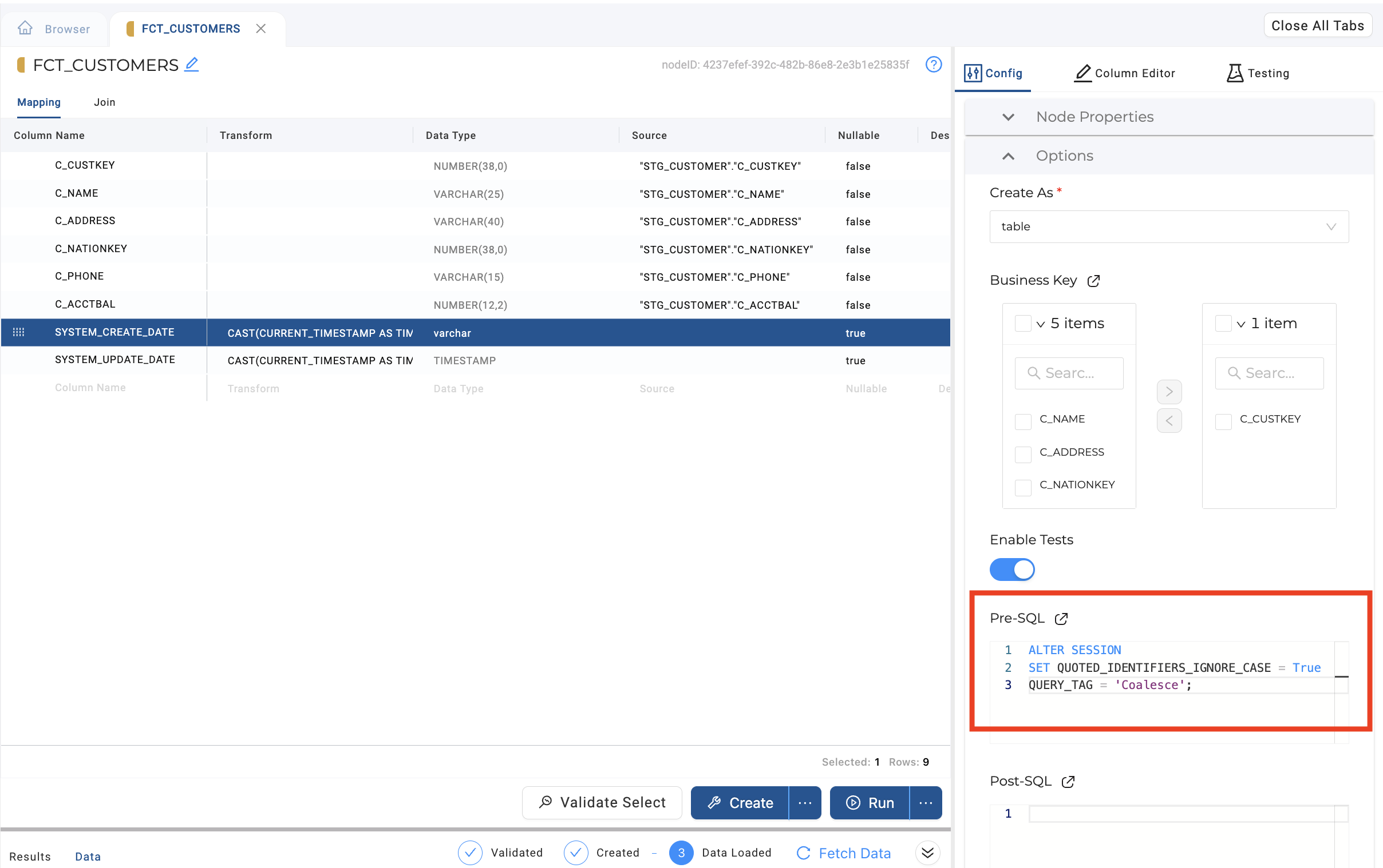 This image shows configuration screen for the `FCT_CUSTOMERS` table, with the `Pre-SQL` section on the right side, which contains SQL commands to alter the session, set quoted identifiers to ignore case, and set a query tag to `'Coalesce'`. The configuration options for the table creation and business key settings remain visible on the right panel.