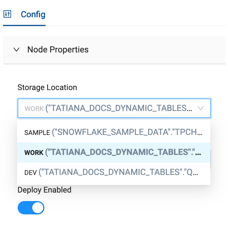 Configuration panel showing Node Properties with fields for Storage Location, Node Type set to 'Custom Dimension Node', and a toggle for Deploy Enabled