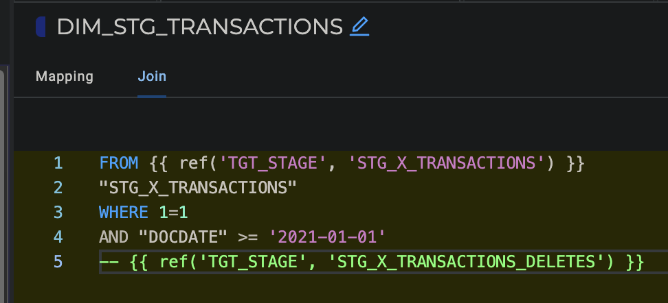 The Join tab for the DIM_STG_TRANSACTIONS node shows the SQL code referencing the TGT_STAGE.STG_X_TRANSACTIONS table. There is a filter on DOCDATE to include records from January 1, 2021. A commented-out line references the TGT_STAGE.STG_X_TRANSACTIONS_DELETES table, indicating it is not currently included in the query.