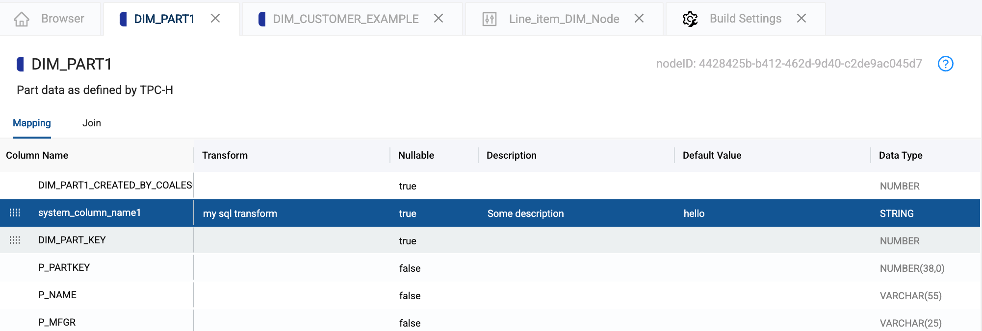 The Coalesce Node Type Editor tab bar displays 'Browser', 'DIM_PART1', 'DIM_CUSTOMER_EXAMPLE', 'Line_item_DIM_Node', and 'Build Settings'. A table below shows column definitions including names, transforms, nullability, descriptions, default values, and data types.