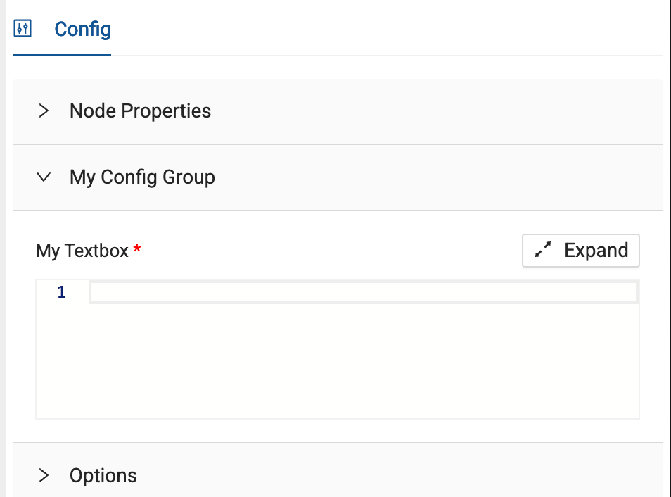 The Coalesce Node Type Editor shows the Config header with a connected nodes icon, followed by a collapsed 'Node Properties' section and an expanded 'My Config Group' section. Within the expanded section is a 'My Textbox' field marked with a red asterisk (*) and an 'Expand' button in the top right. The textbox is a multi-line input field with line numbering visible, starting with '1'. Below is a collapsed 'Options' section.