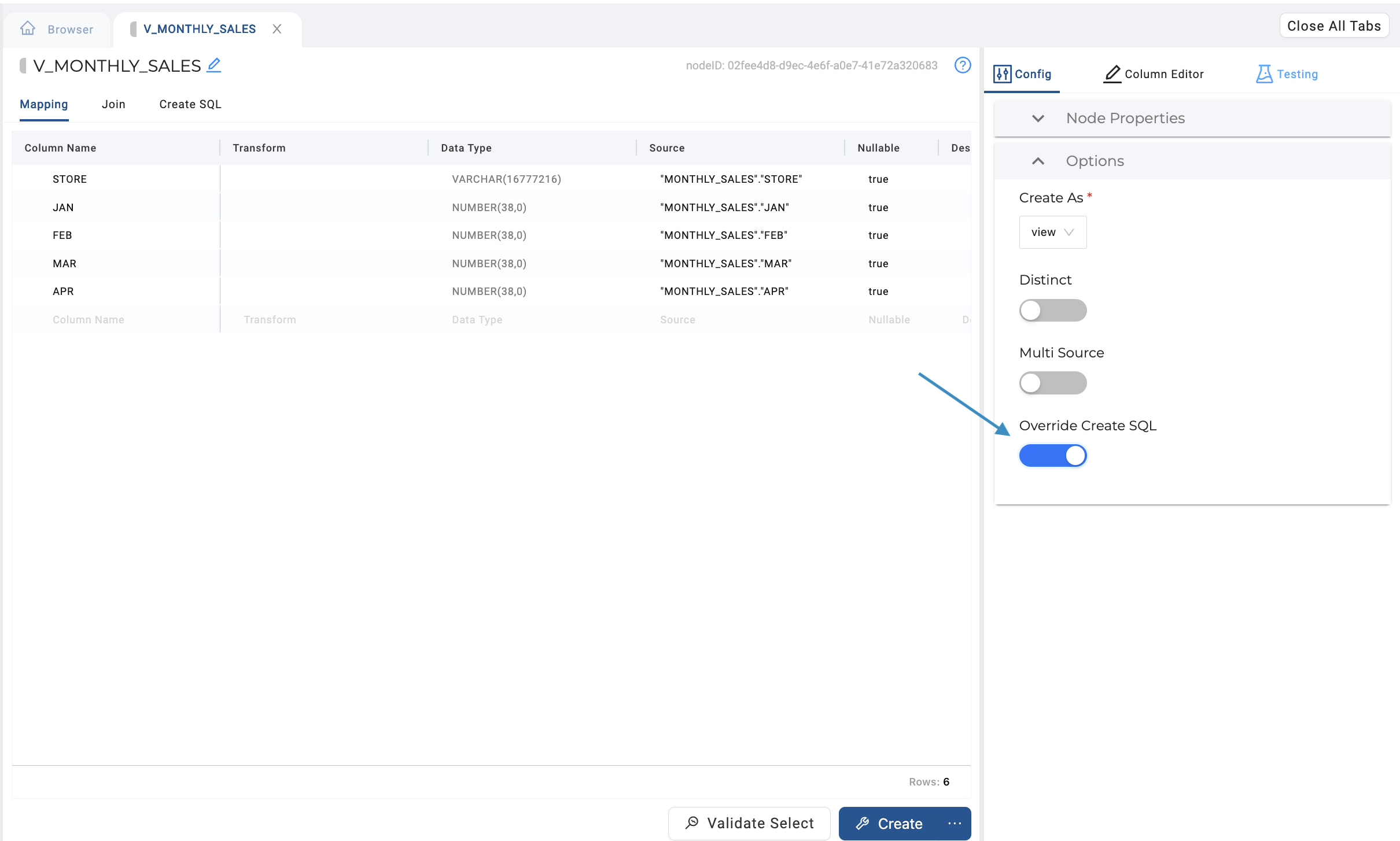 The image shows the V_MONTHLY_SALES view node configuration. The mapping tab displays columns for STORE, JAN, FEB, MAR, and APR with their respective data types and sources. The configuration panel on the right has an option to Override Create SQL, which is enabled, indicating that custom SQL can be used to create the view.