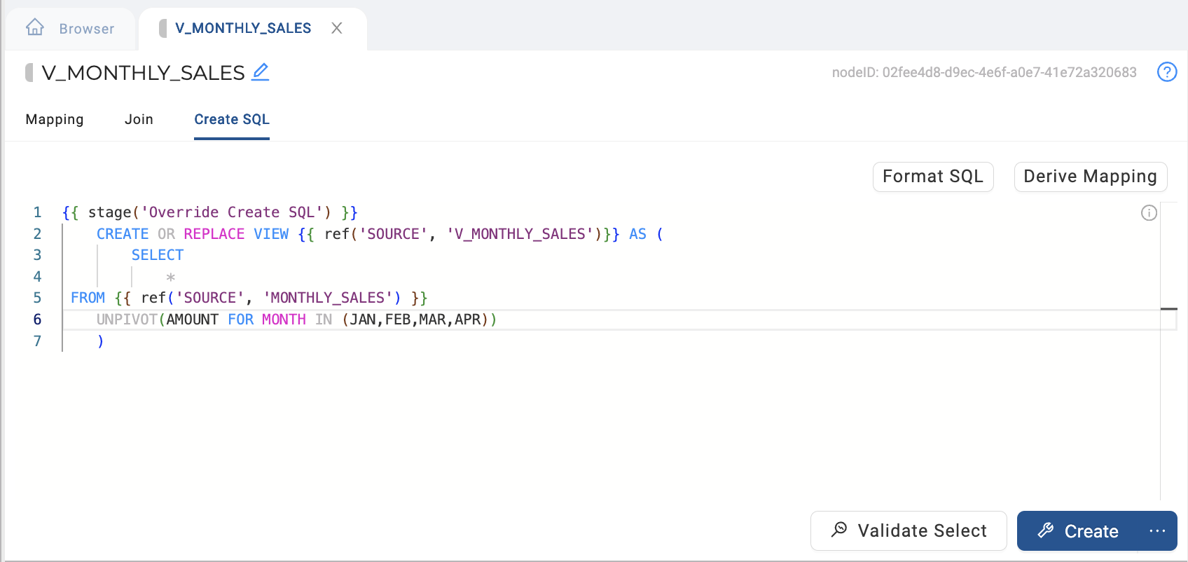 The image shows the SQL script for creating or replacing the V_MONTHLY_SALES view using an UNPIVOT operation. The script retrieves data from the MONTHLY_SALES source table and applies the UNPIVOT operation to convert the columns JAN, FEB, MAR, and APR into rows under the columns AMOUNT and MONTH. This transformation is part of the Override Create SQL stage, allowing for the customization of the view creation process.