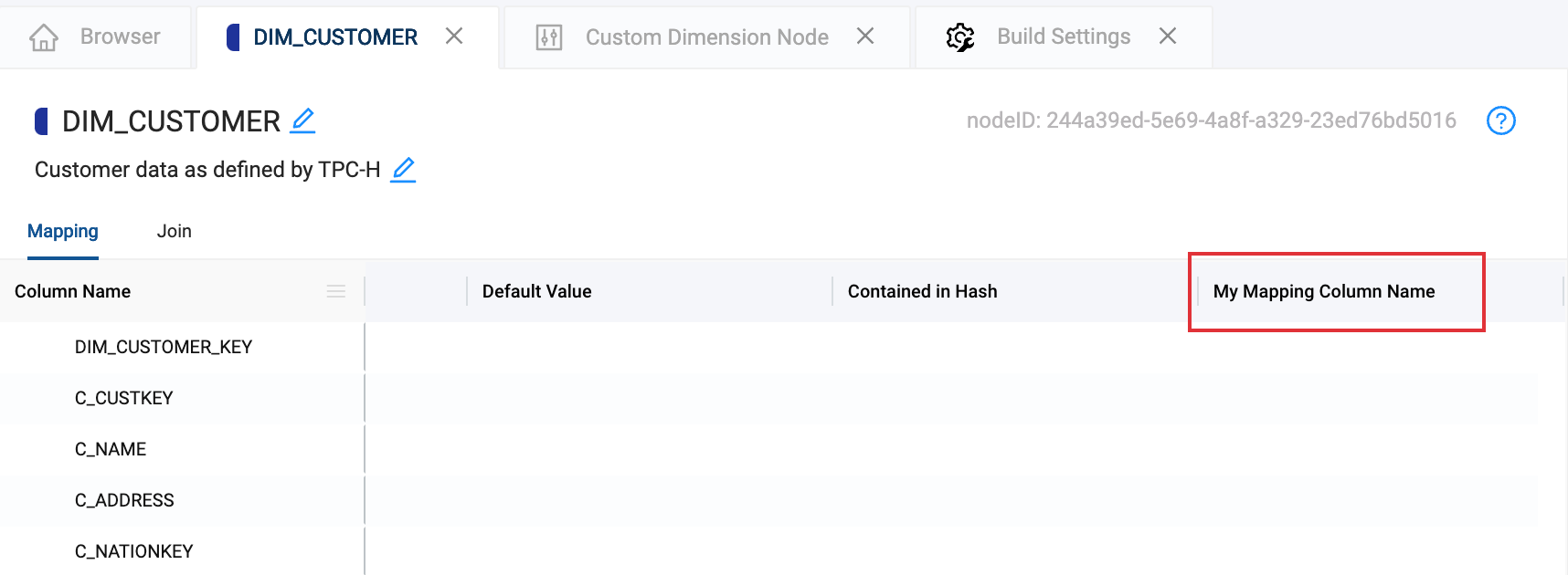 Customer database table view with list of column names and additional configuration columns for Default Value, Hash, and Mapping fields with My Mapping Column Name highlights