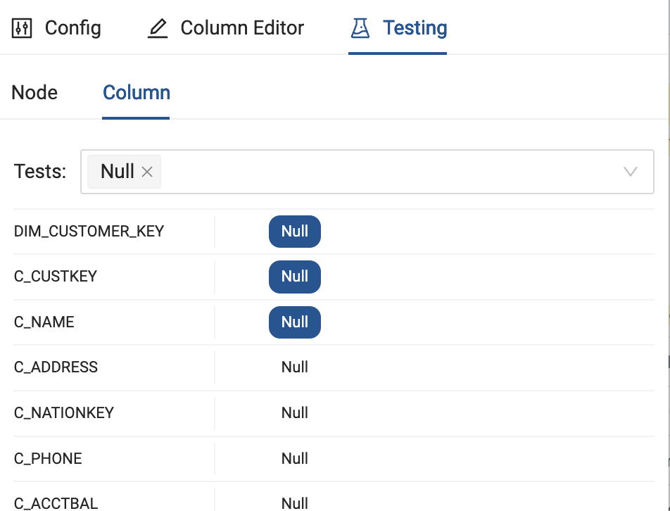 The Node Editor interface showing SQL test setup with two panels: left panel has a SQL query test for DIM_CUSTOMER records with failure handling options; right panel displays column testing configuration with null value tests for customer fields.