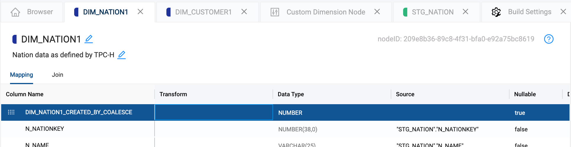 Dimension table mapping view showing nation data fields including created date, nation key and name with data types and nullability settings