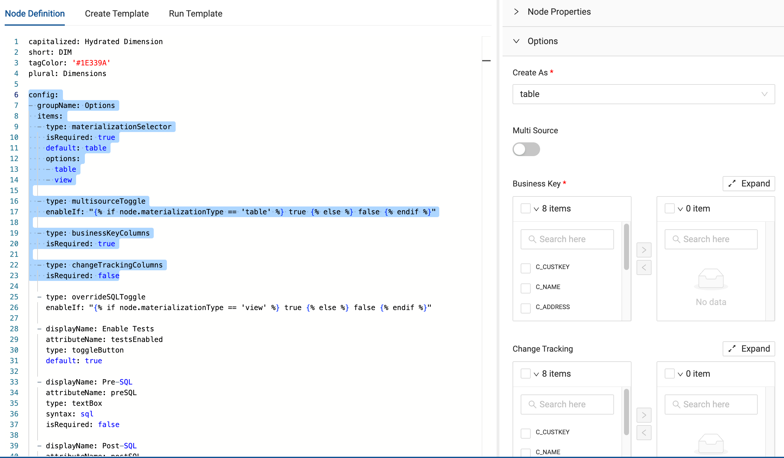 split view of YAML node definition code and UI configuration panel with options for Business Key and Change Tracking settings