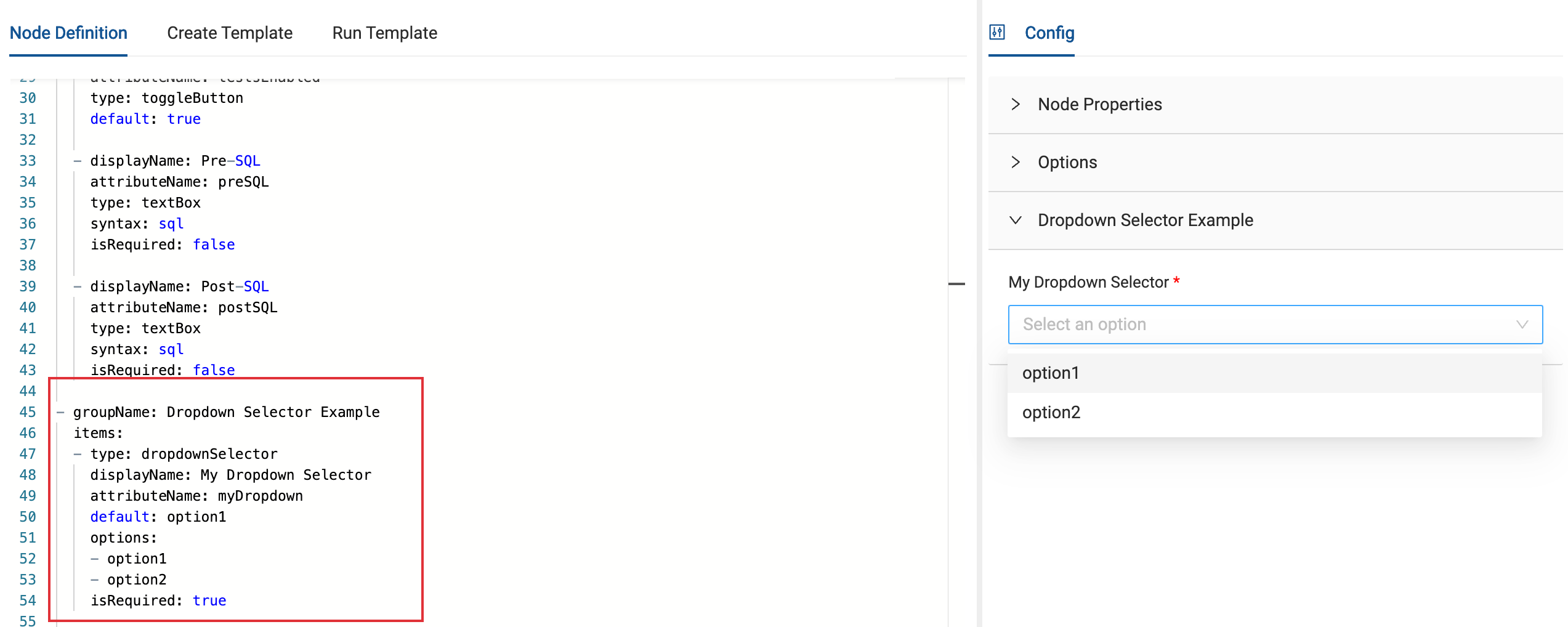 Split view of YAML configuration showing dropdown selector definition and corresponding UI panel with dropdown menu options