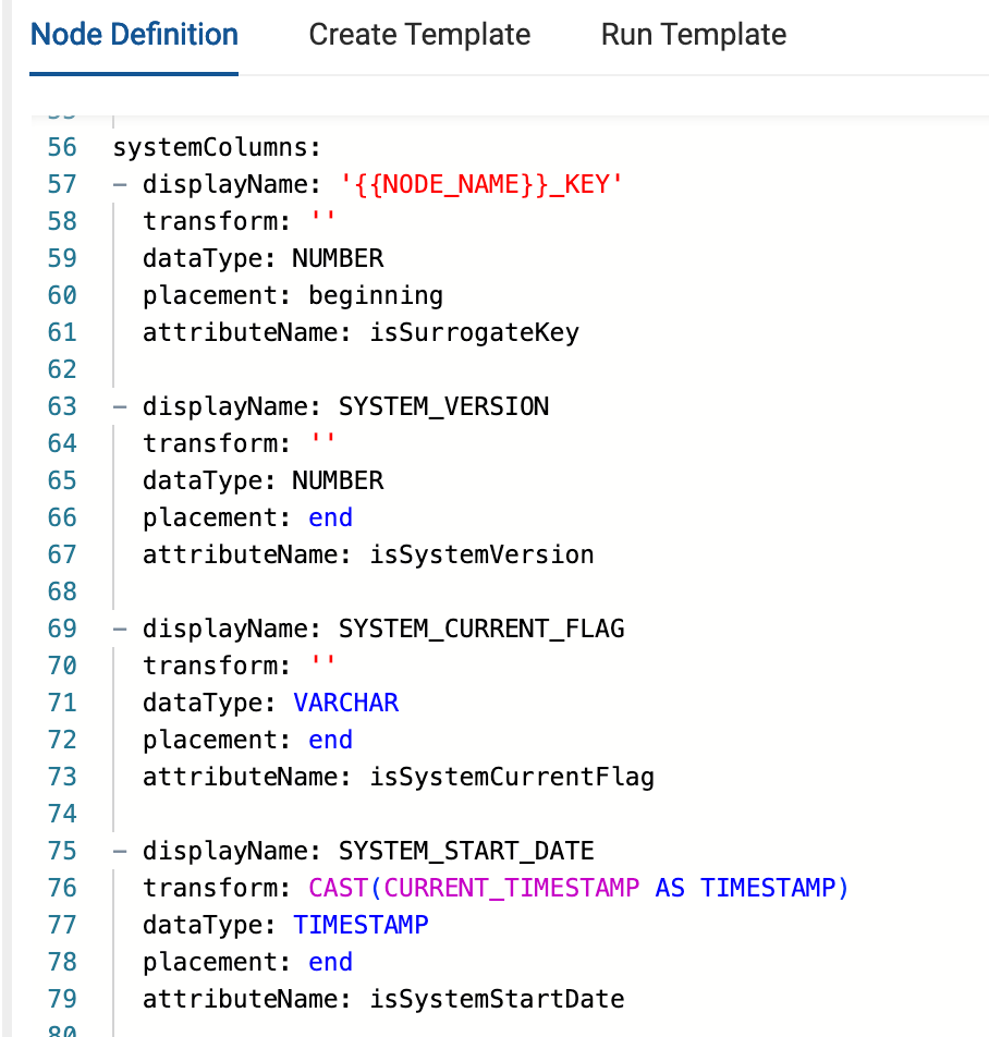 YAML configuration showing system column definitions with display names, data types, and attributes for key, version, flag and timestamp fields.