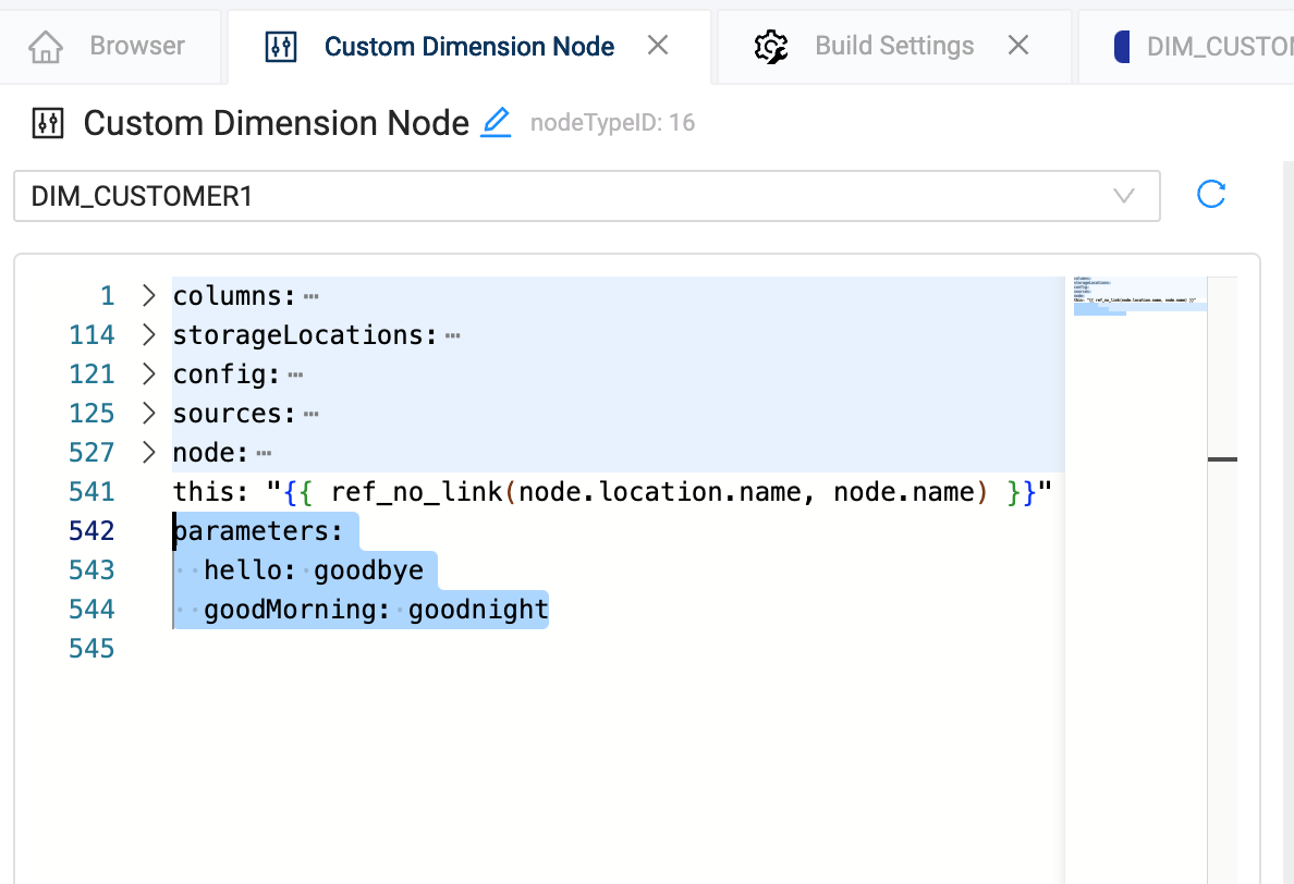 Custom Dimension Node configuration interface showing collapsed sections for columns, storage locations, config, sources, and node definitions, with expanded parameters section containing key-value pairs for greetings like 'hello: goodbye'