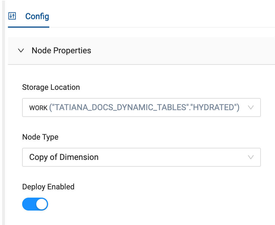 Config panel showing Node Properties with storage location, node type settings, and an enabled deployment toggle