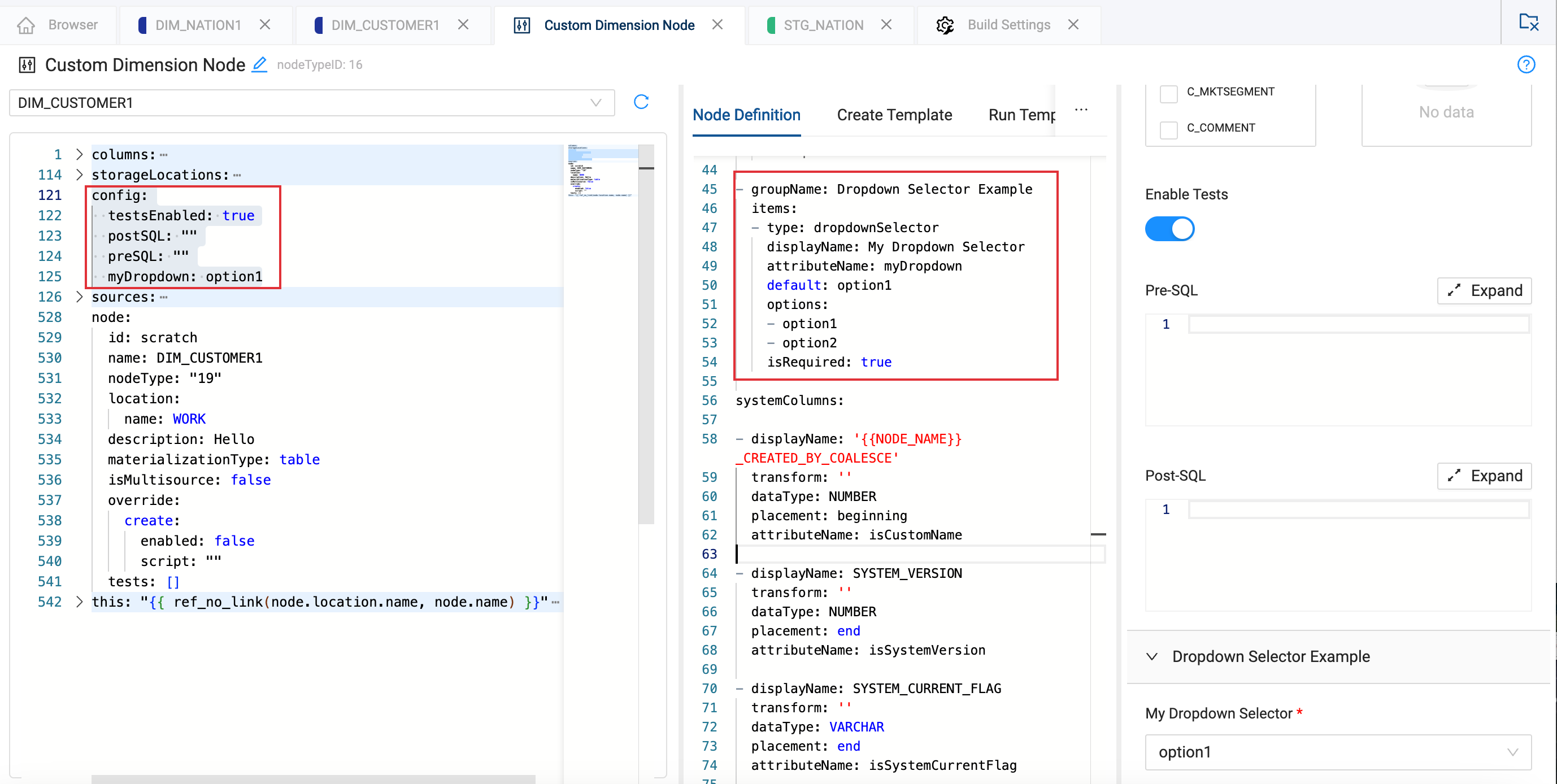 Custom Dimension Node interface showing configuration code on the left, node definition with a dropdown selector example in the center, and test settings on the right. The code includes config settings for tests and SQL scripts, with tabs for DIM_NATION1, DIM_CUSTOMER1, and STG_NATION.