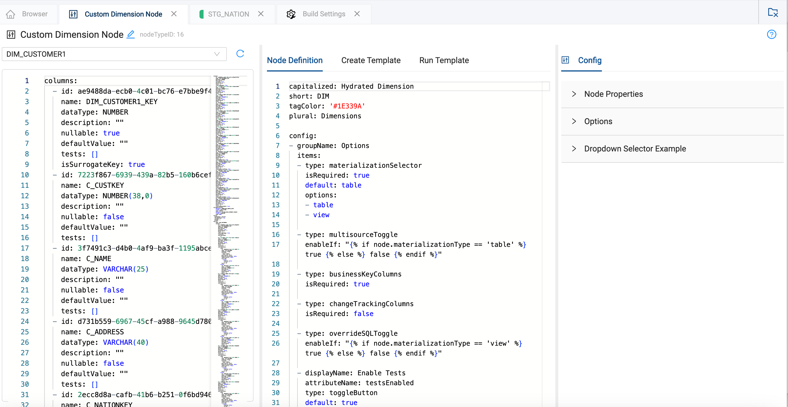 Shows the dimension's column definitions with properties like ID fields, data types, and nullable flags on the left, while displaying node-level configuration options including materialization settings on the right under the Node Definition tab.