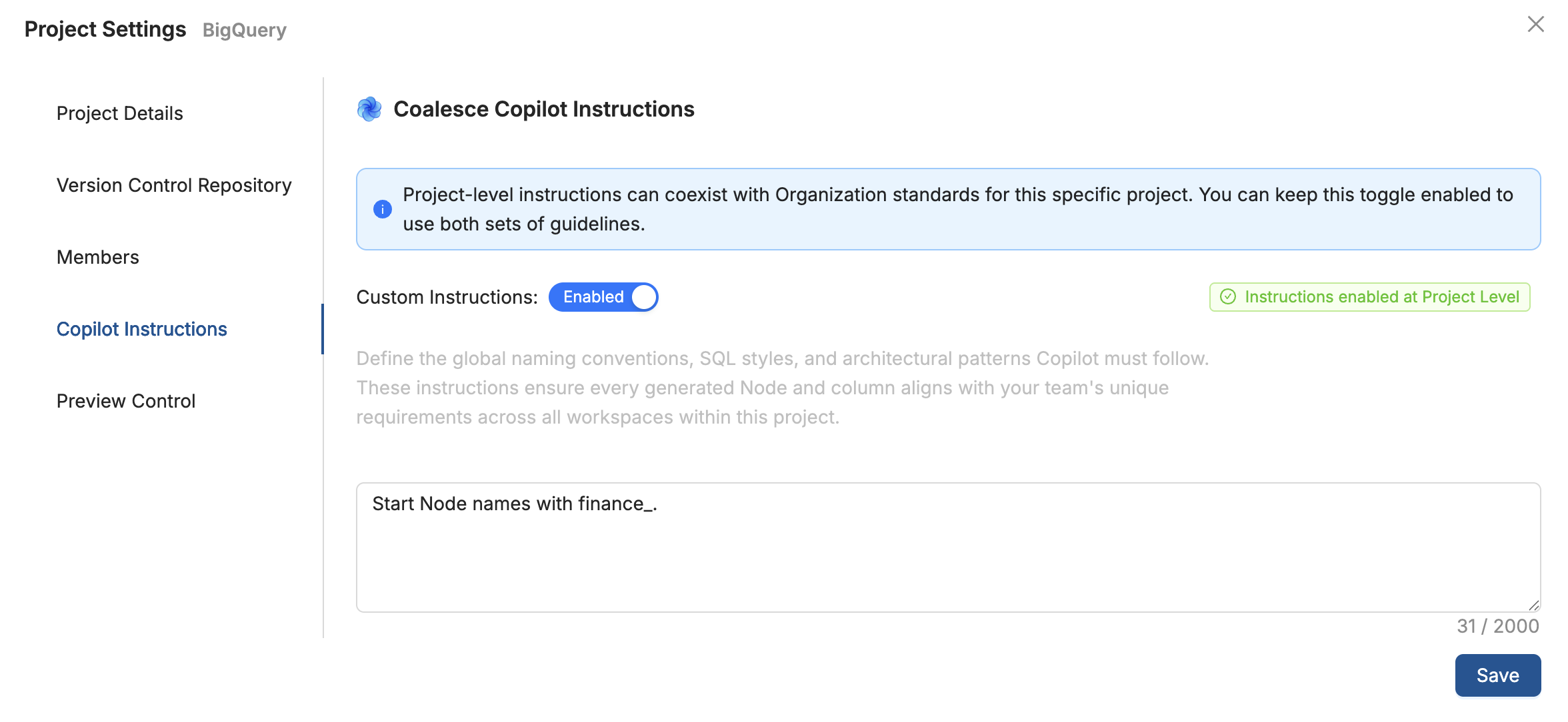 Project Settings Copilot Instructions section with custom instructions enabled and example naming convention