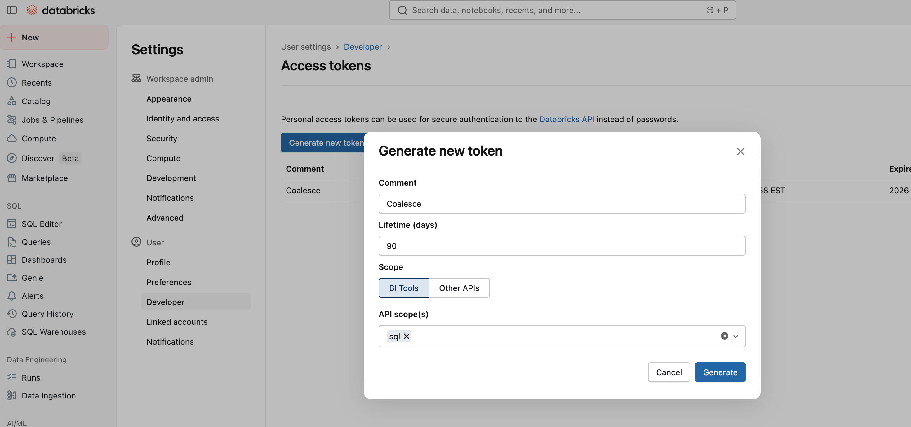 Databricks Generate new token modal with Comment and Lifetime fields, Scope set to BI Tools, and sql added under API scope(s), with Cancel and Generate actions.