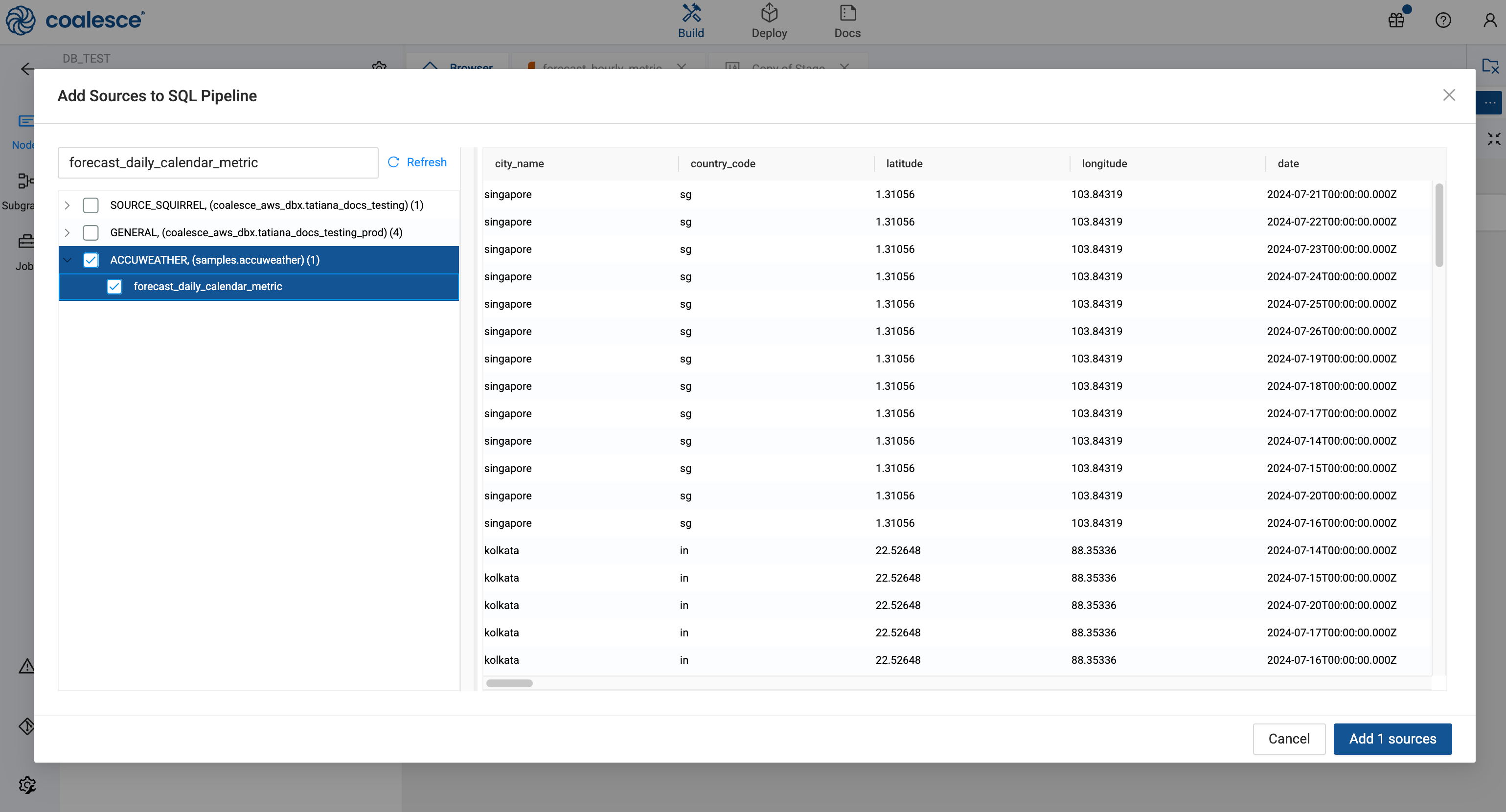 A window labeled Add Sources to SQL Pipeline is open, showing a list of data sources in a panel on the left and a table preview with columns city_name, country_code, latitude, longitude, and date on the right. A button labeled Add 3 sources is located in the bottom-right corner.