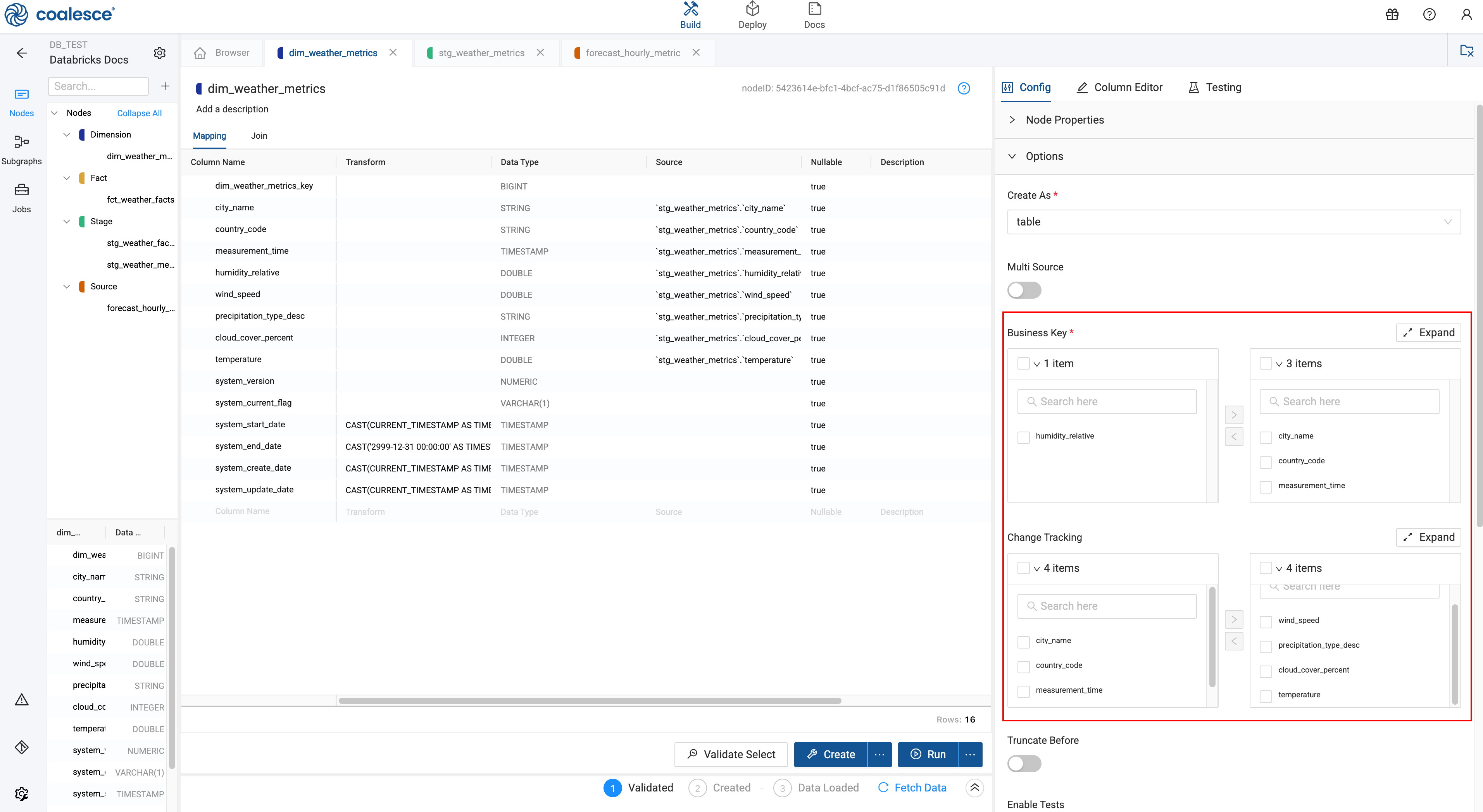 A Coalesce interface shows a node named stg_weather_metrics with a table listing columns, transforms, and data types. On the right, a Node Properties panel includes multi source, business key, and change tracking options. The bottom of the screen displays pipeline validation status and Create or Run buttons.