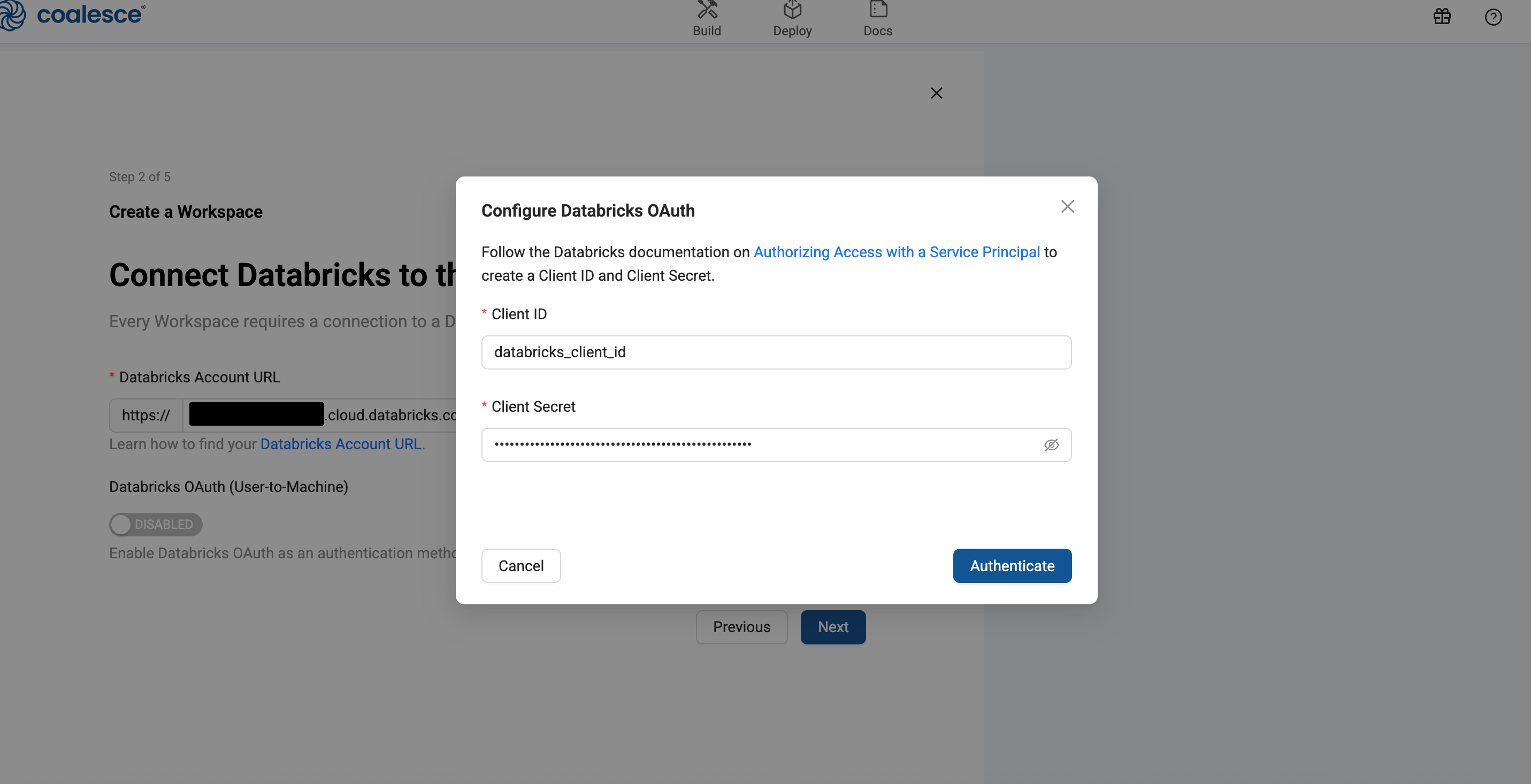 A screenshot of a modal window titled Configure Databricks OAuth. The modal contains a form asking for a **Client ID** and a **Client Secret**, which are obtained by authorizing access with a Databricks Service Principal. An Authenticate button is at the bottom to finalize the setup.