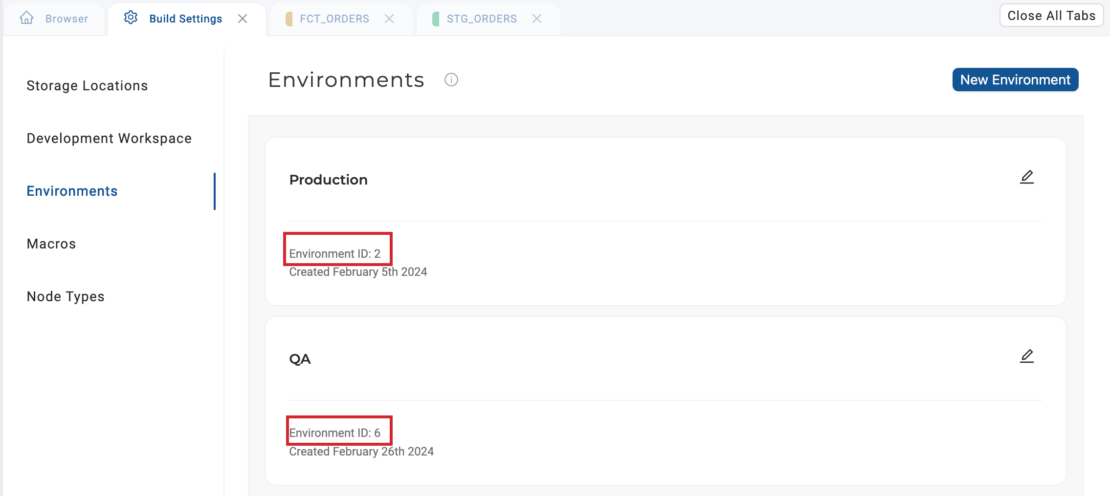 Environment ID location in the build settings