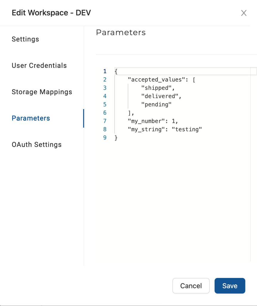 Example parameters in a DEV workspace