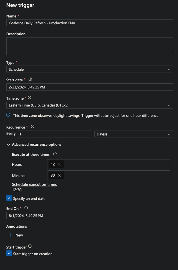 The image shows the New trigger configuration page in Microsoft Azure Data Factory. The settings include the trigger name, type (schedule), start date, time zone, recurrence, and advanced recurrence options. The trigger is set to execute at 12:30 PM every day, with an end date specified and the option to start the trigger on creation checked.